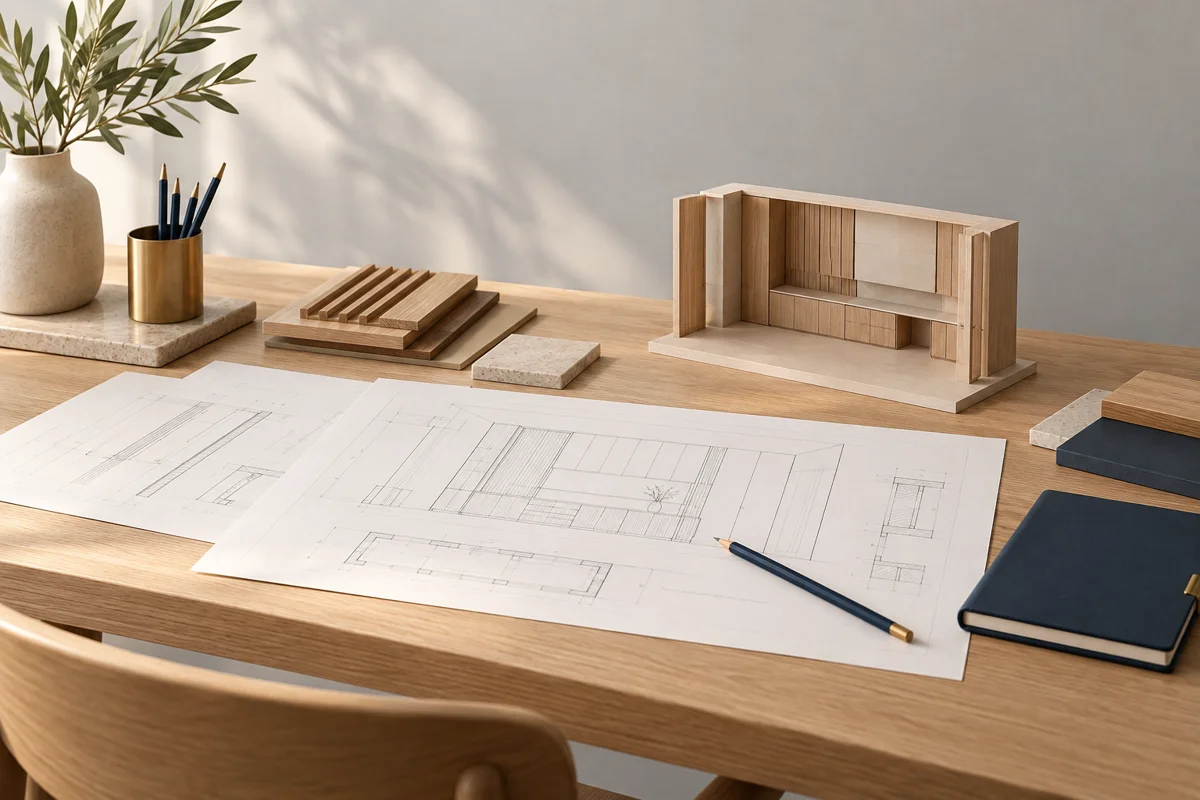 Illustration d’un bureau d’études bois : plans, échantillons et maquette d’agencement
