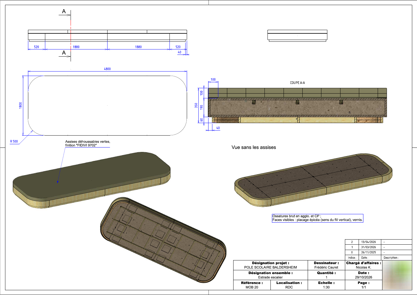 Plan de fabrication d’une estrade : coupes et vues 3D